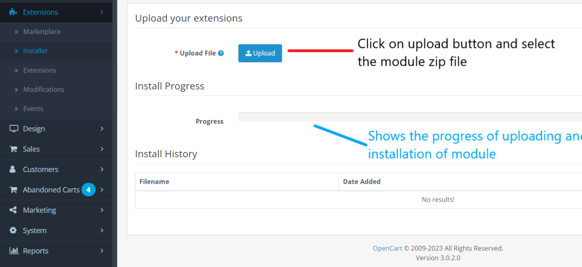 extension installer page of opencart