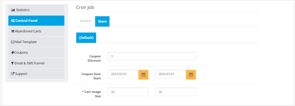 OpenCart abandoned cart module's control panel coupon start and end date and cart image size setting 