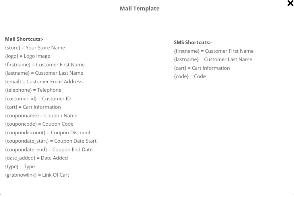 shortcodes list to write abandoned cart email and sms template in OpenCart abandoned cart